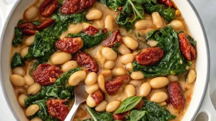 A creamy Tuscan white bean skillet filled with white beans, spinach, sun-dried tomatoes, and fresh herbs in a white skillet.