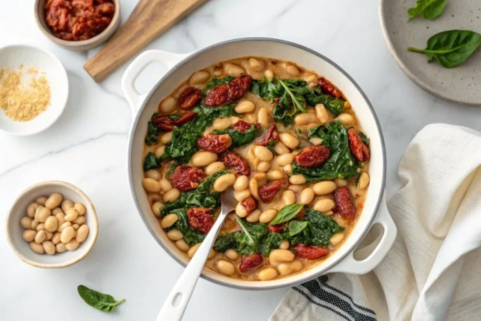 A creamy Tuscan white bean skillet with tender white beans, spinach, sun-dried tomatoes, and herbs in a white dish on marble.