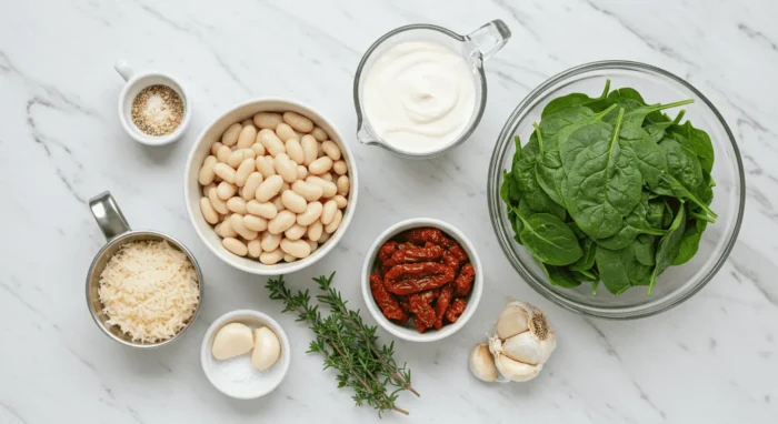 Ingredients for creamy Tuscan white bean skillet, including white beans, spinach, sun-dried tomatoes, cream, garlic, and Parmesan.