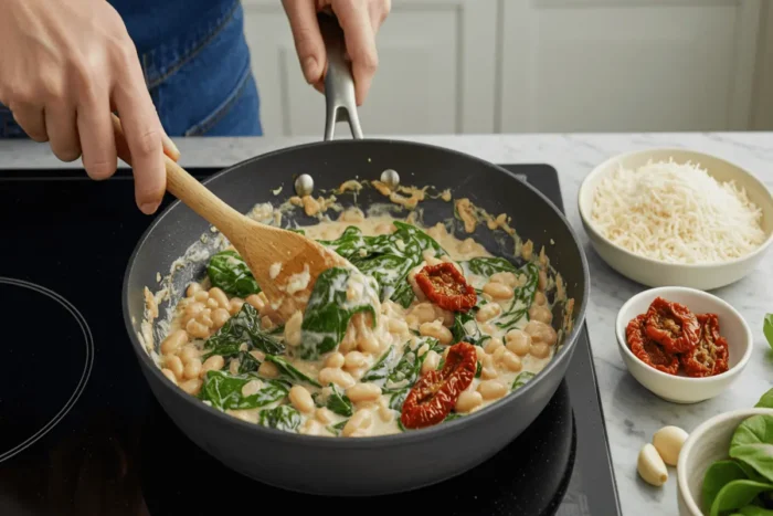 Hands stirring creamy Tuscan white bean skillet with spinach, sun-dried tomatoes, and garlic in a black pan on a marble surface.