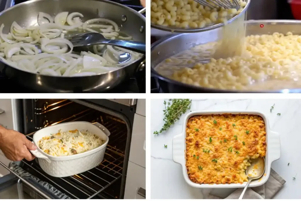 Step-by-step cooking process of French onion mac and cheese, from sautéing onions to baking the dish A four-step collage showing the French onion mac and cheese cooking process: sautéing onions, mixing pasta with sauce, baking, and the final golden casserole.