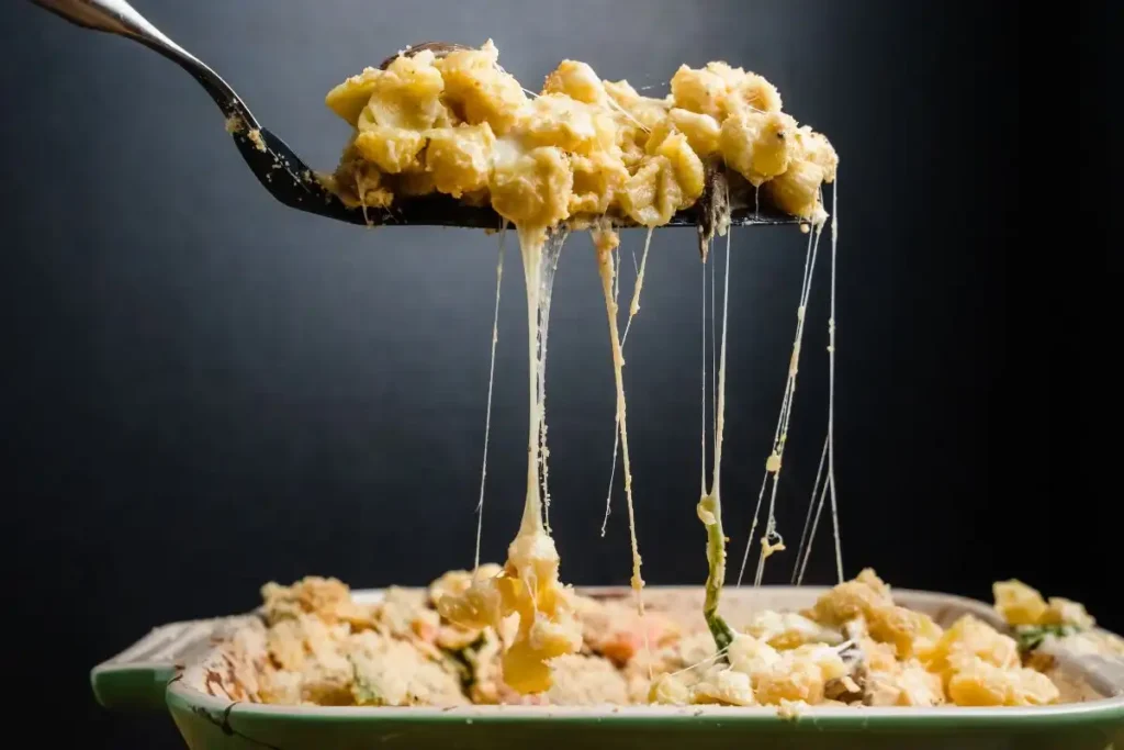 a spoon lifting French onion mac and cheese from a casserole A close-up of a spoon lifting French onion mac and cheese from a casserole, featuring gooey, stretchy melted cheese against a dark background.