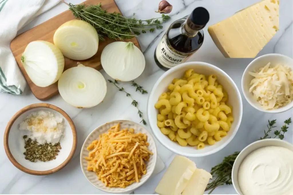 Fresh ingredients for French onion mac and cheese, including onions, pasta, cheeses, butter, and Worcestershire sauce A top-down view of French onion mac and cheese ingredients