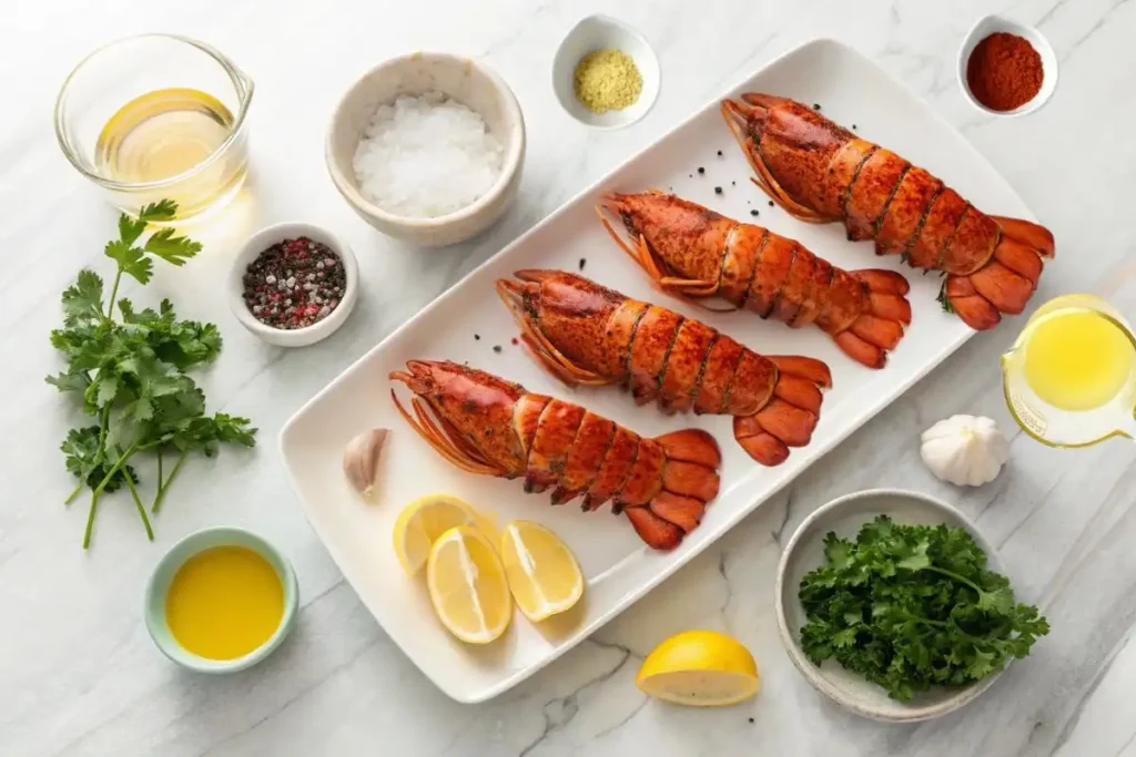 Raw lobster tails on a white platter with seasoning ingredients, melted butter, parsley, garlic, and lemon wedges on a marble surface.