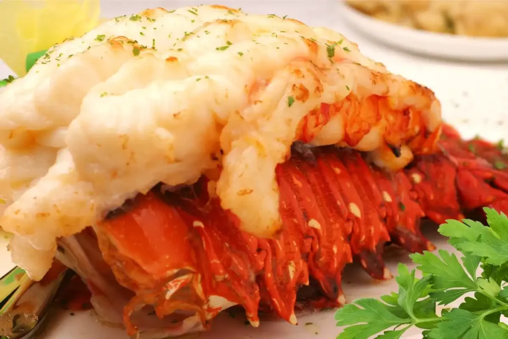 Close-up of a butter-baked lobster tail with golden, tender meat on a white plate, garnished with fresh parsley.