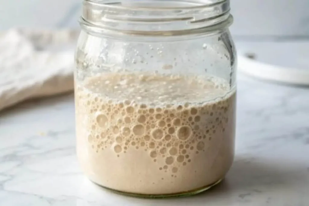 The natural fermentation of flour and water, forming a yeast starter. A close-up of a bubbling flour and water yeast starter in a glass jar