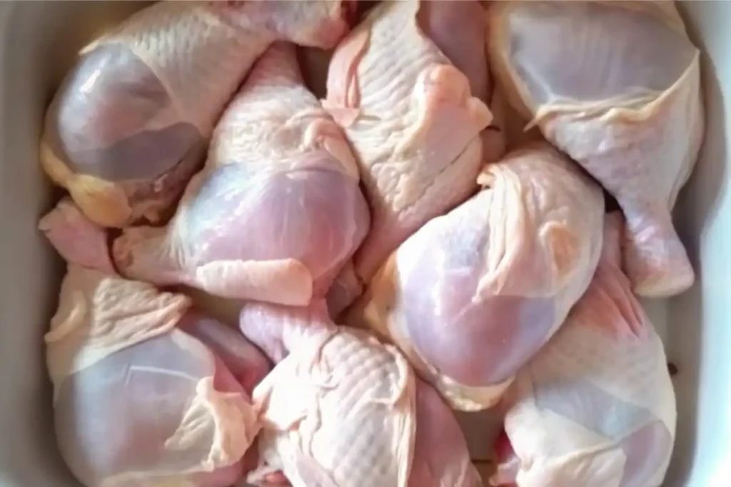 Raw chicken drumsticks placed in a white baking dish, ready for seasoning and baking.