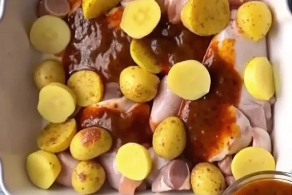 Chicken and potatoes covered in a savory sauce, prepped for baking in a white dish.
