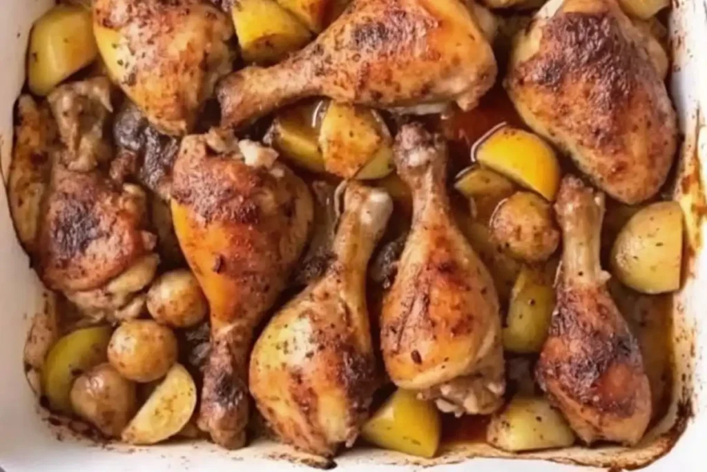 Golden brown roasted chicken and potatoes in a white baking dish.