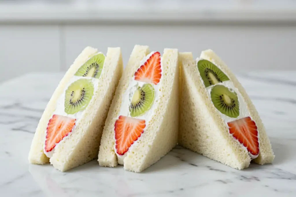 apanese fruit sandwiches with soft white bread, whipped cream, and fresh kiwi and strawberries, elegantly placed on a white marble surface.