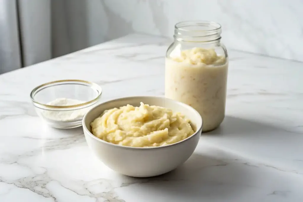 Potato yeast fermentation using traditional homemade methods. A bowl of mashed potatoes with a fermenting jar of homemade potato yeast