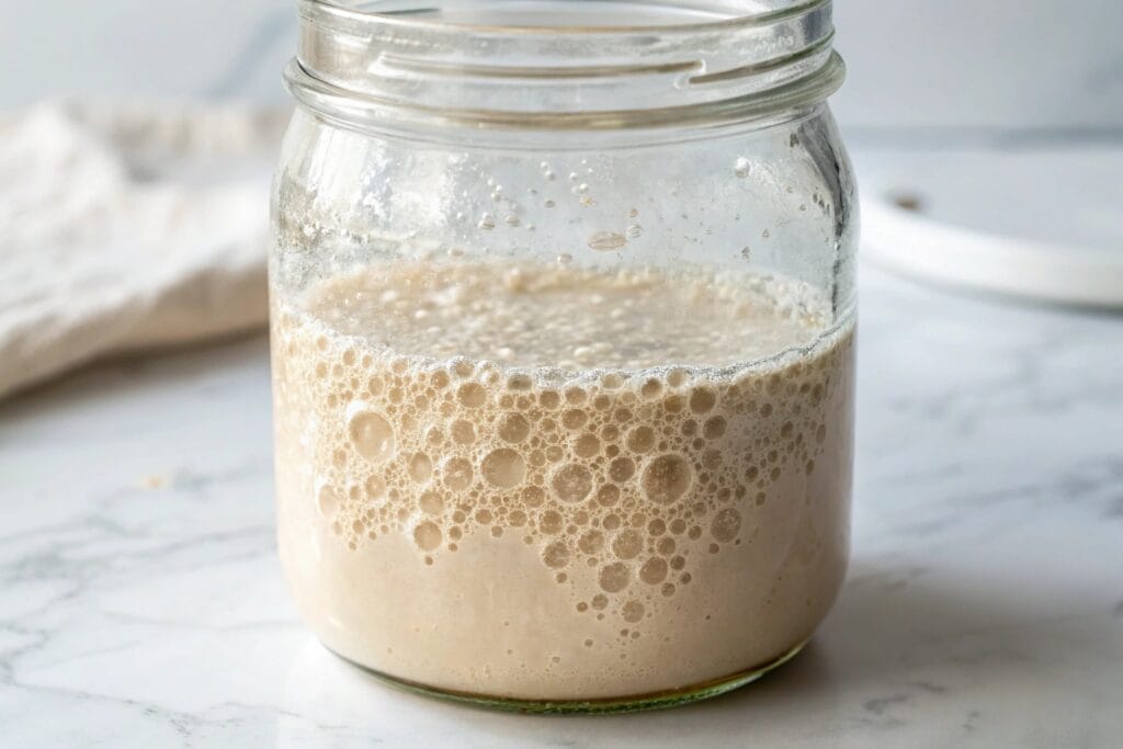 A close-up of a bubbling flour and water yeast starter in a glass jar