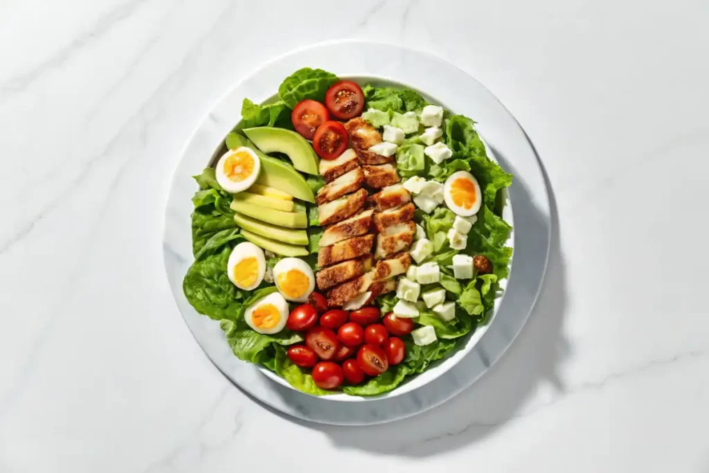 A fresh Cobb salad with grilled chicken, avocado, and beef bacon