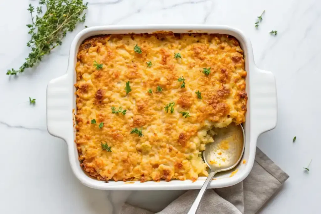 Baked French onion mac and cheese with a crispy golden crust, garnished with fresh thyme A close-up of baked French onion mac and cheese in a white casserole dish, featuring a crispy golden topping, melted cheese, and thyme garnish.
