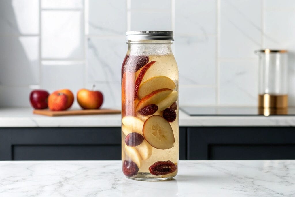 Yeast water fermentation with organic fruit, capturing wild yeast. A glass jar filled with homemade yeast water, bubbling as fruit ferments naturally