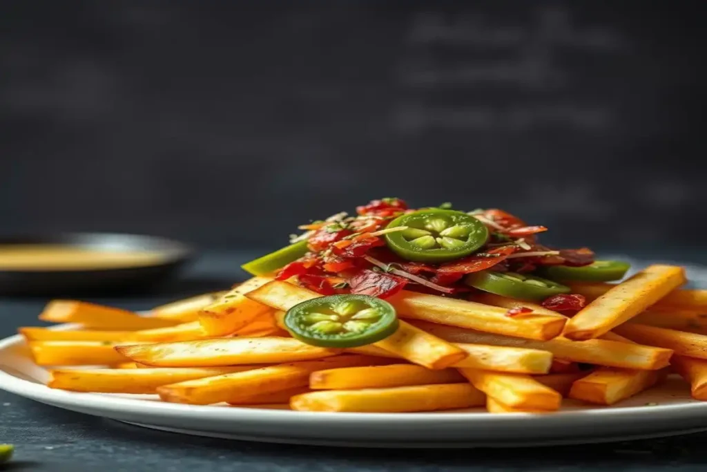 Crispy and cheesy homemade French fries topped with fresh veggies and a drizzle of sauce.