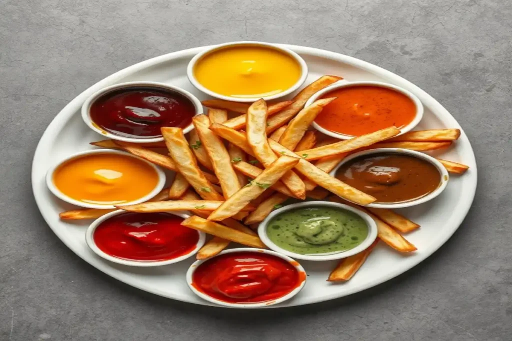 A platter of crispy French fries with various dipping sauces in small bowls.