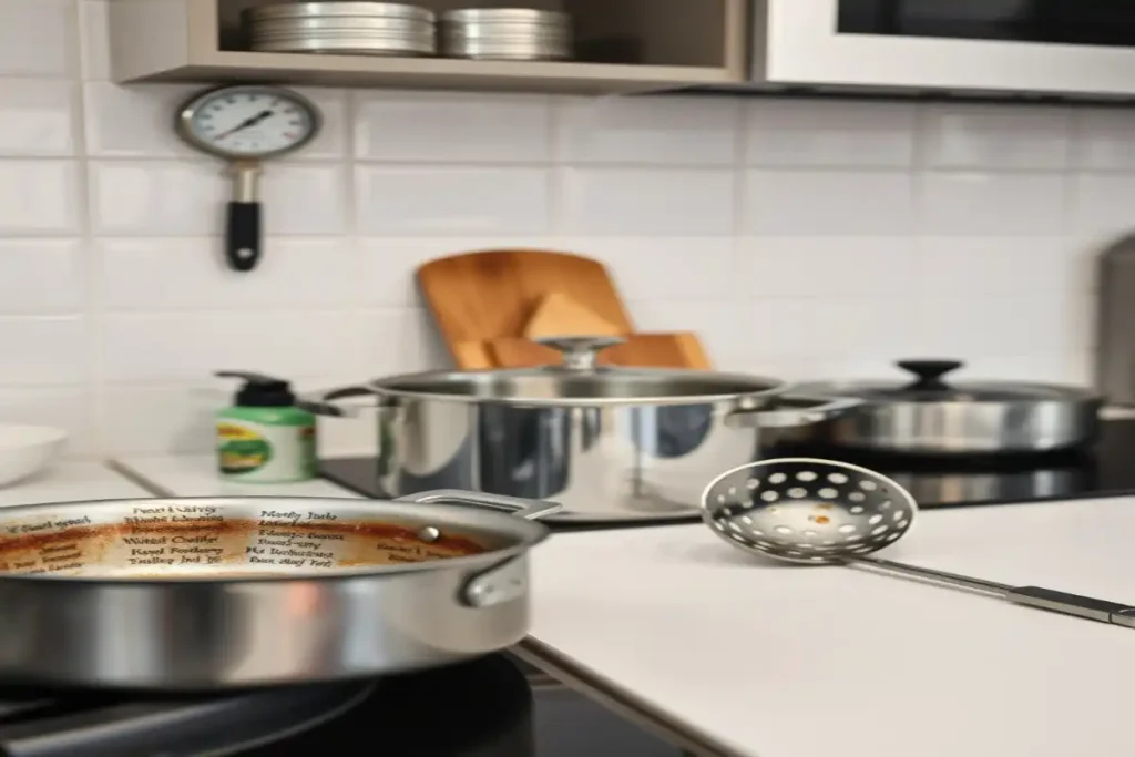 Essential tools for frying at home including pots, a thermometer, and utensils.