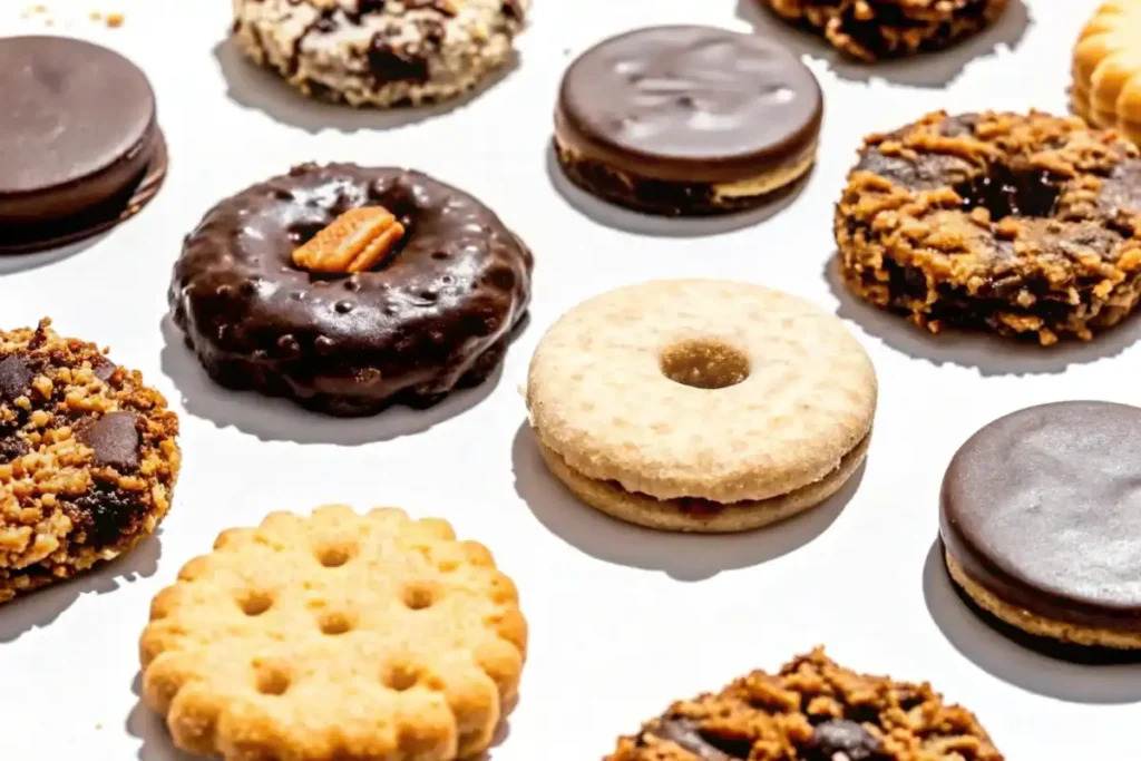 A colorful selection of Girl Scout cookies featuring Thin Mints, Samoas, and other favorites Assorted Girl Scout cookies arranged on a white surface, featuring various flavors and textures.