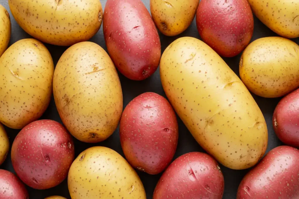 Selection of various potatoes, including starchy types suitable for making crispy fries.