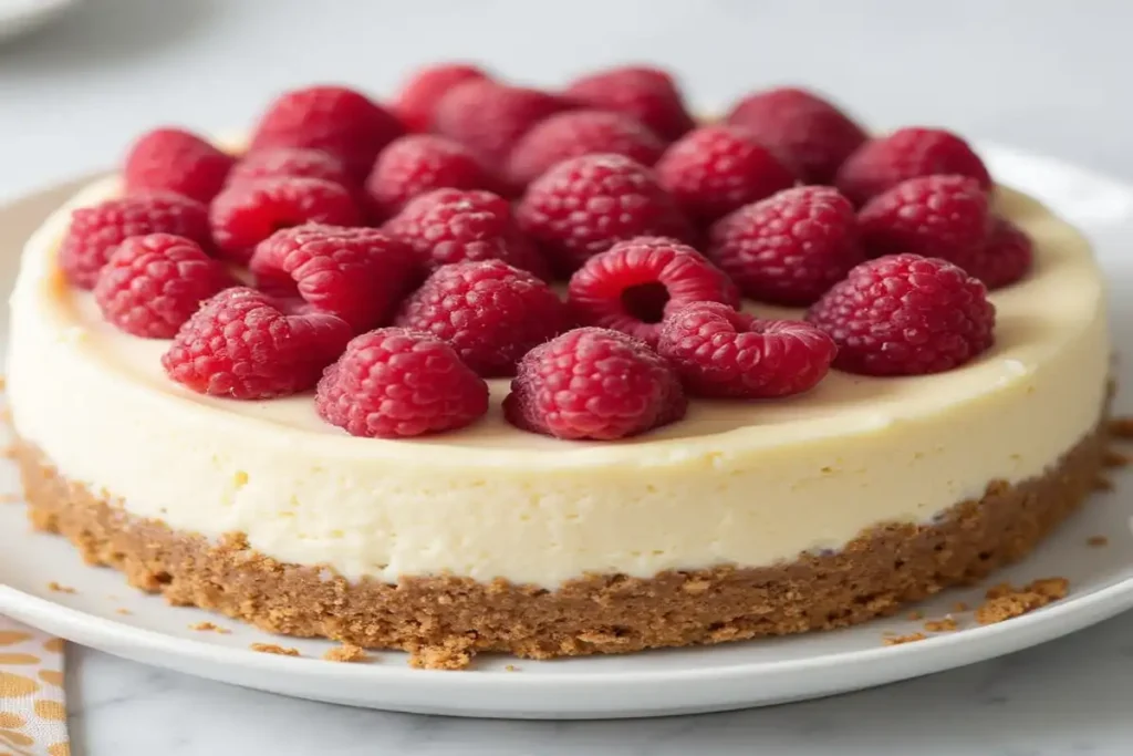 A perfectly baked light raspberry cheesecake with a smooth texture, golden crust, and juicy raspberry topping.