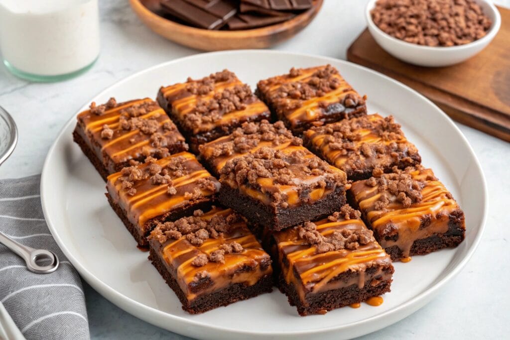 amoa brownie bars topped with caramel drizzle and chocolate crumble Samoa brownie bars topped with caramel drizzle and chocolate crumble on a white plate