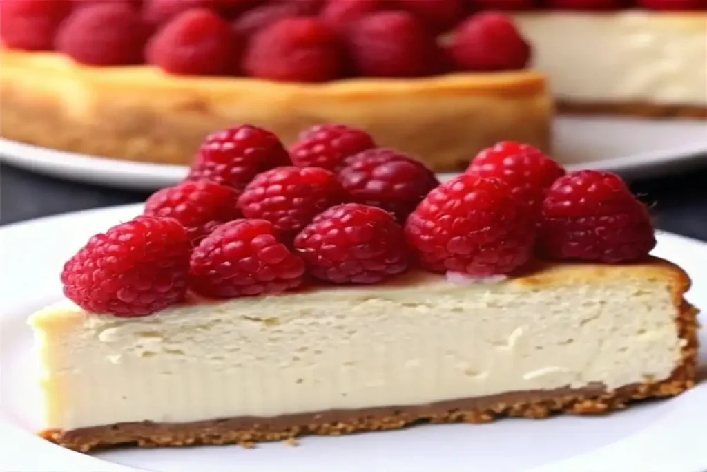 A creamy slice of homemade raspberry cheesecake with a golden crust and fresh raspberry topping.