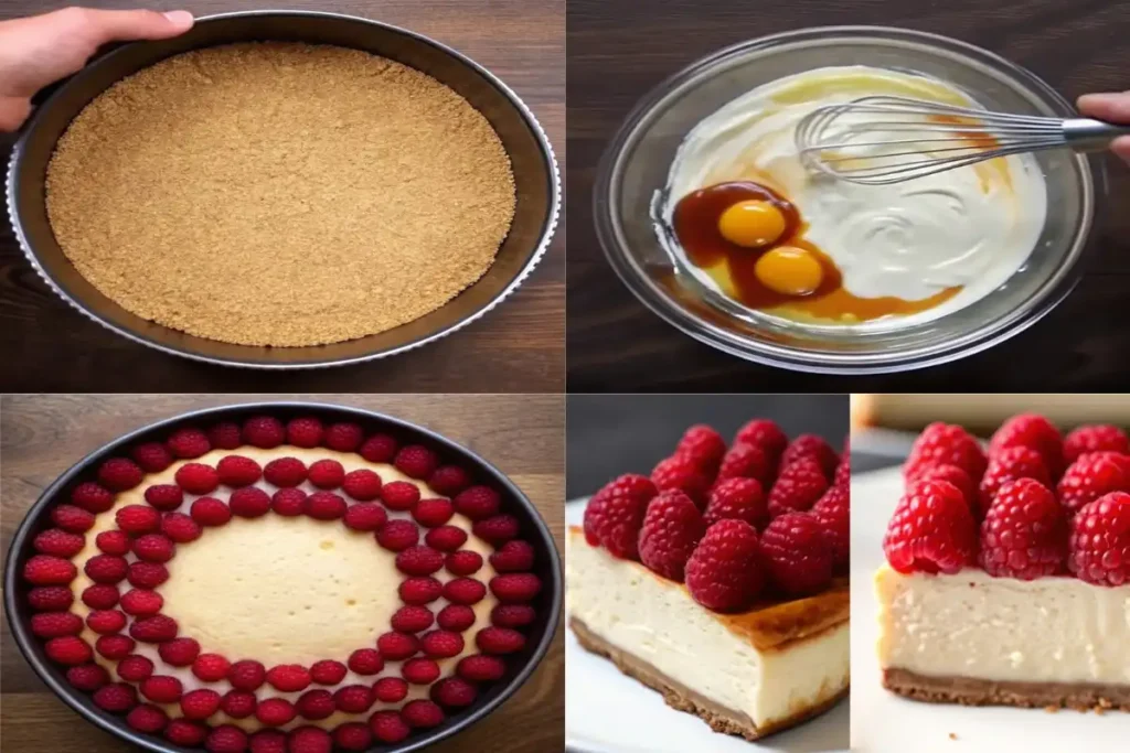 A collage showing the process of making raspberry cheesecake, including crust preparation, batter mixing, and topping with fresh raspberries.
