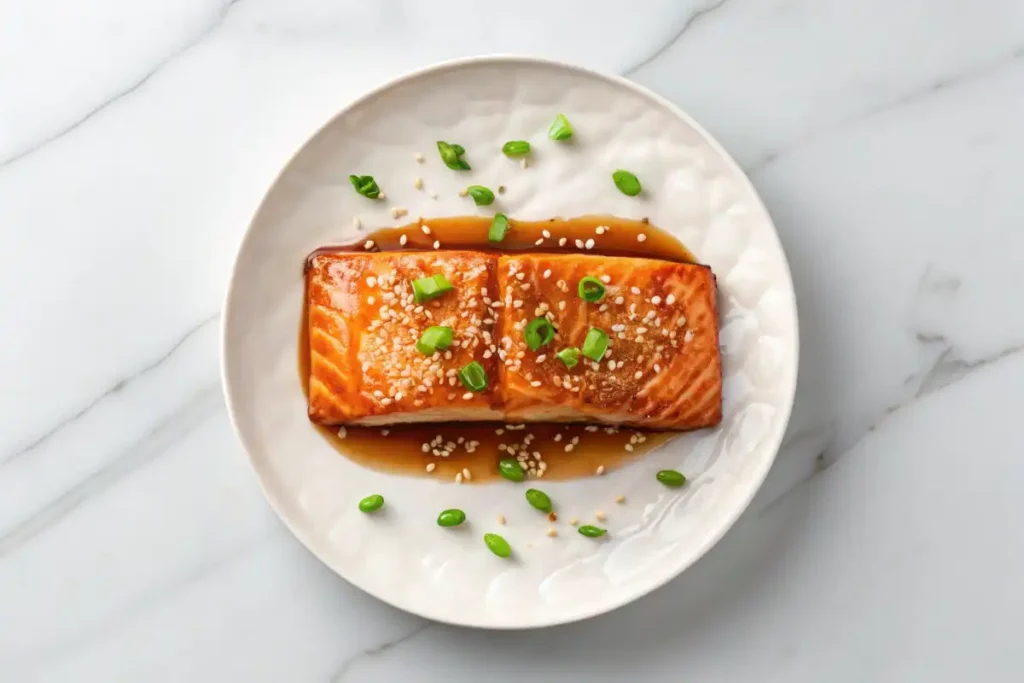 Perfectly cooked sake salmon fillet with a golden glaze, garnished with sesame and green onions 