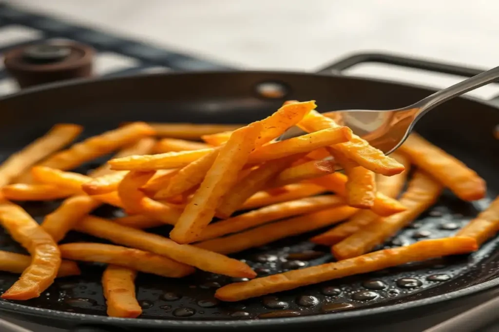 Crispy and cheesy homemade French fries served on a plate with a fork