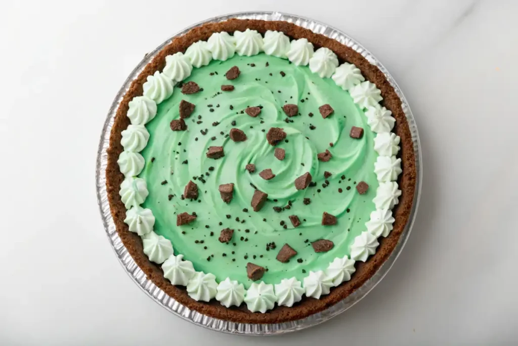 Thin Mint ice cream pie with a chocolate cookie crust, topped with whipped cream and chocolate pieces. A creamy Thin Mint ice cream pie featuring a chocolate cookie crust, mint filling, whipped cream, and chocolate chunks on top.