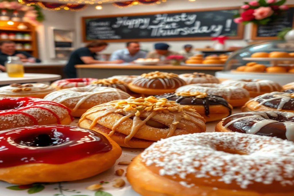 A selection of gourmet Pączki doughnuts with various toppings, served in a bakery with a Happy Fat Thursday sign in the background.