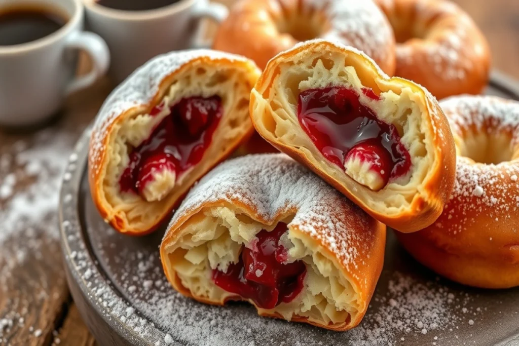 Traditional Polish Pączki cut open to reveal a sweet cherry filling, dusted with powdered sugar and served on a plate with coffee.