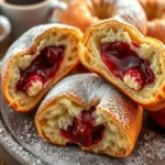 Traditional Polish Pączki cut open to reveal a sweet cherry filling, dusted with powdered sugar and served on a plate with coffee.