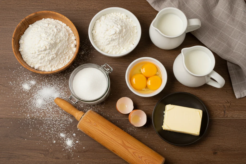 A flat-lay image of ingredients for making Pączki, including flour, eggs, sugar, and butter, arranged on a wooden kitchen counter.