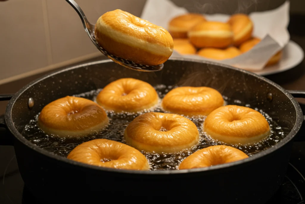 A batch of fresh Pączki doughnuts frying in hot oil, turning golden brown and forming their signature fluffy texture.