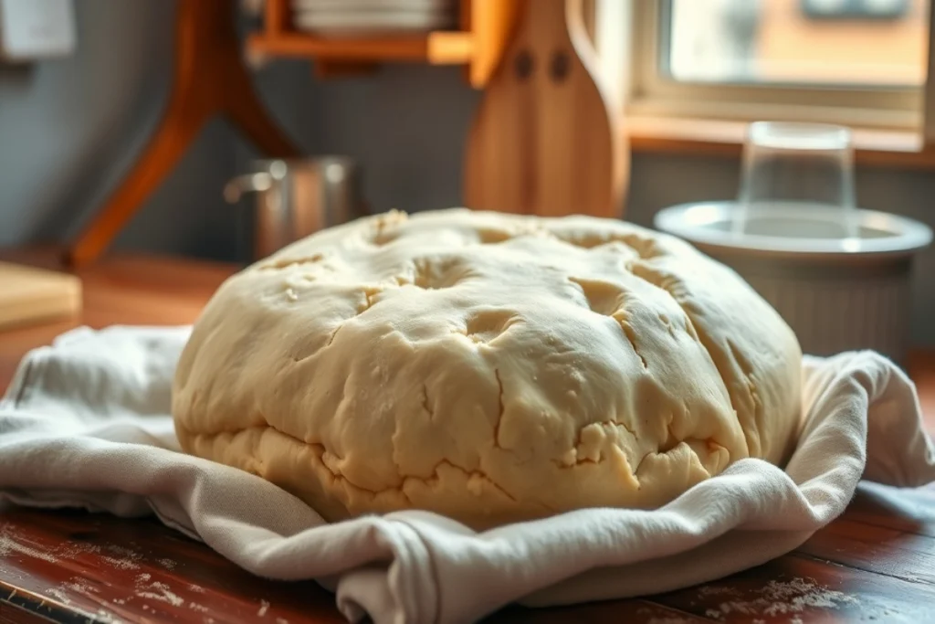 A bowl of fully risen Pączki dough covered with a cloth, ready for shaping into classic Polish doughnuts.