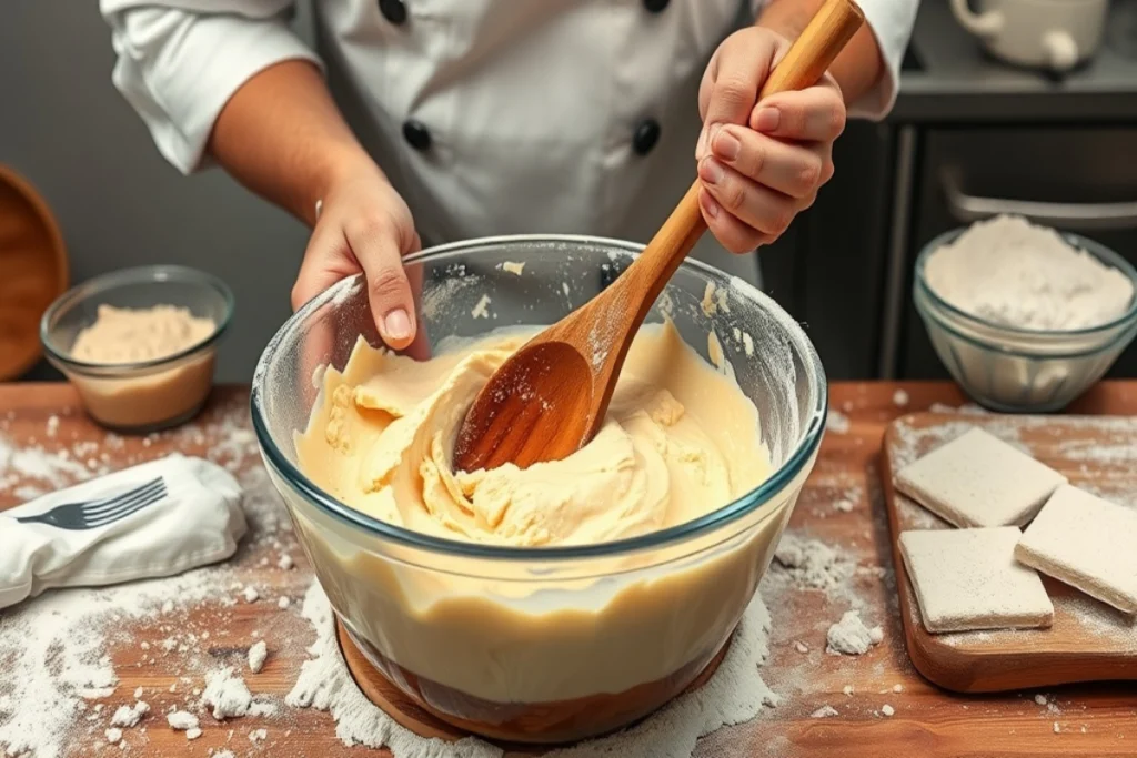 A baker stirring a bowl of Pączki dough, combining ingredients for a traditional homemade Polish doughnut recipe.