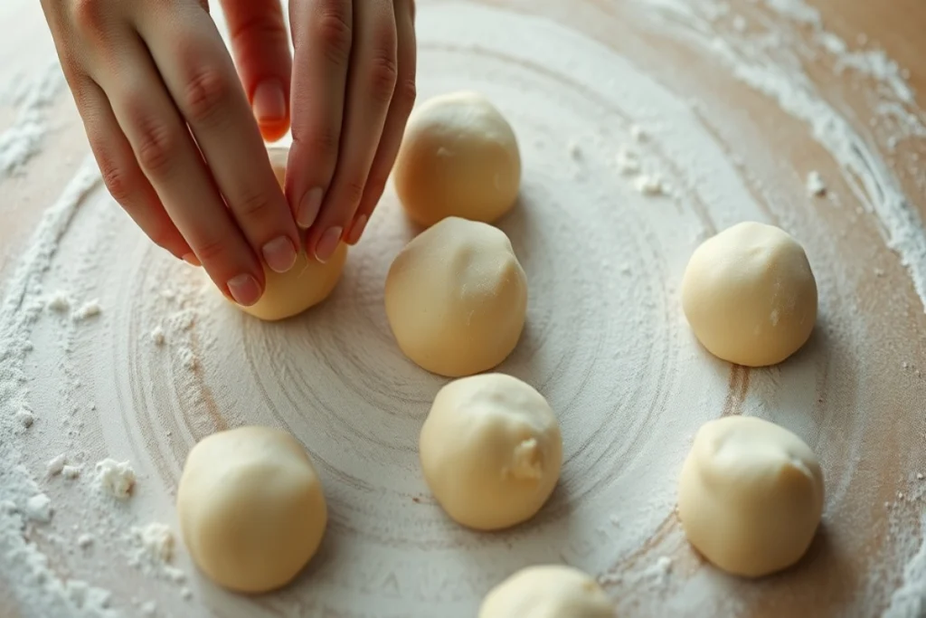 Hands rolling Pączki dough into smooth balls, preparing them for rising and frying to achieve the perfect Polish doughnut.