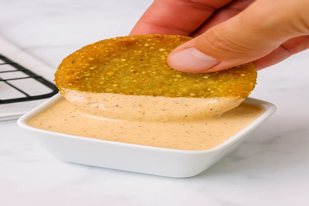 Close-up of a fried green tomato being dipped into a creamy dipping sauce.