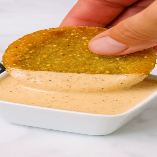Close-up of a fried green tomato being dipped into a creamy dipping sauce.