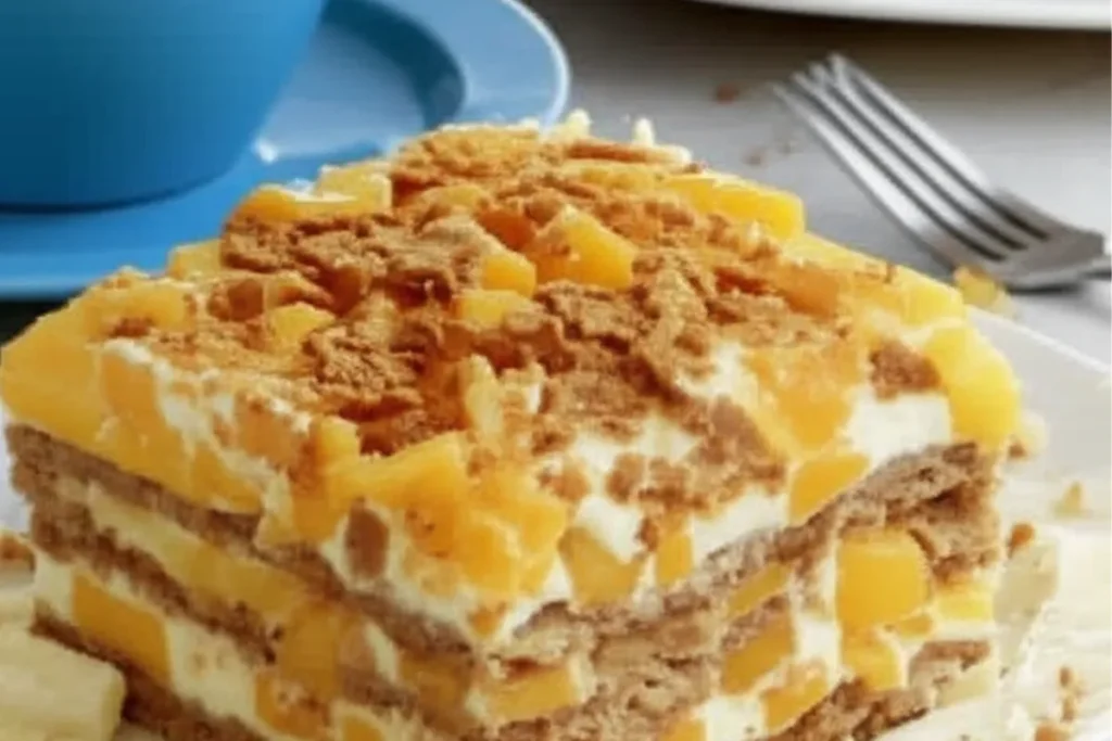 Mango float dessert featuring layers of whipped cream, graham crackers, and fresh mango chunks, topped with graham cracker crumbs.