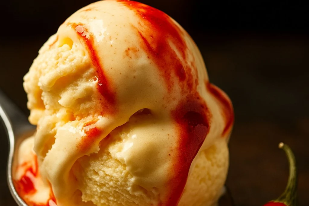 Scoop of chili ice cream drizzled with spicy red sauce close-up