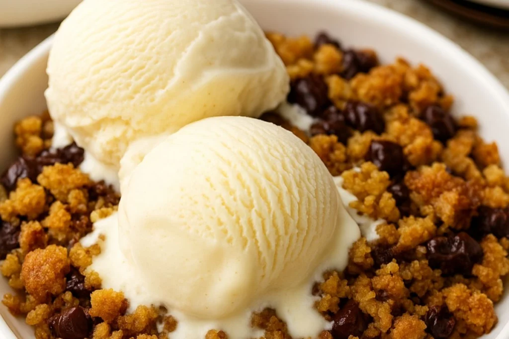 Two scoops of vanilla ice cream sitting atop a bed of chocolate chip cookie crumble in a white bowl.