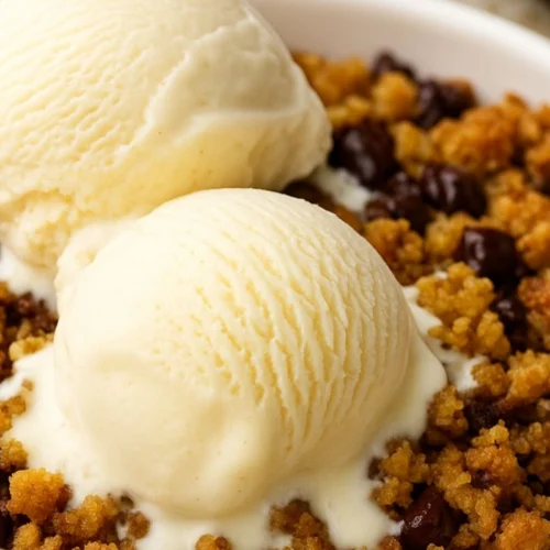 Two scoops of vanilla ice cream sitting atop a bed of chocolate chip cookie crumble in a white bowl.